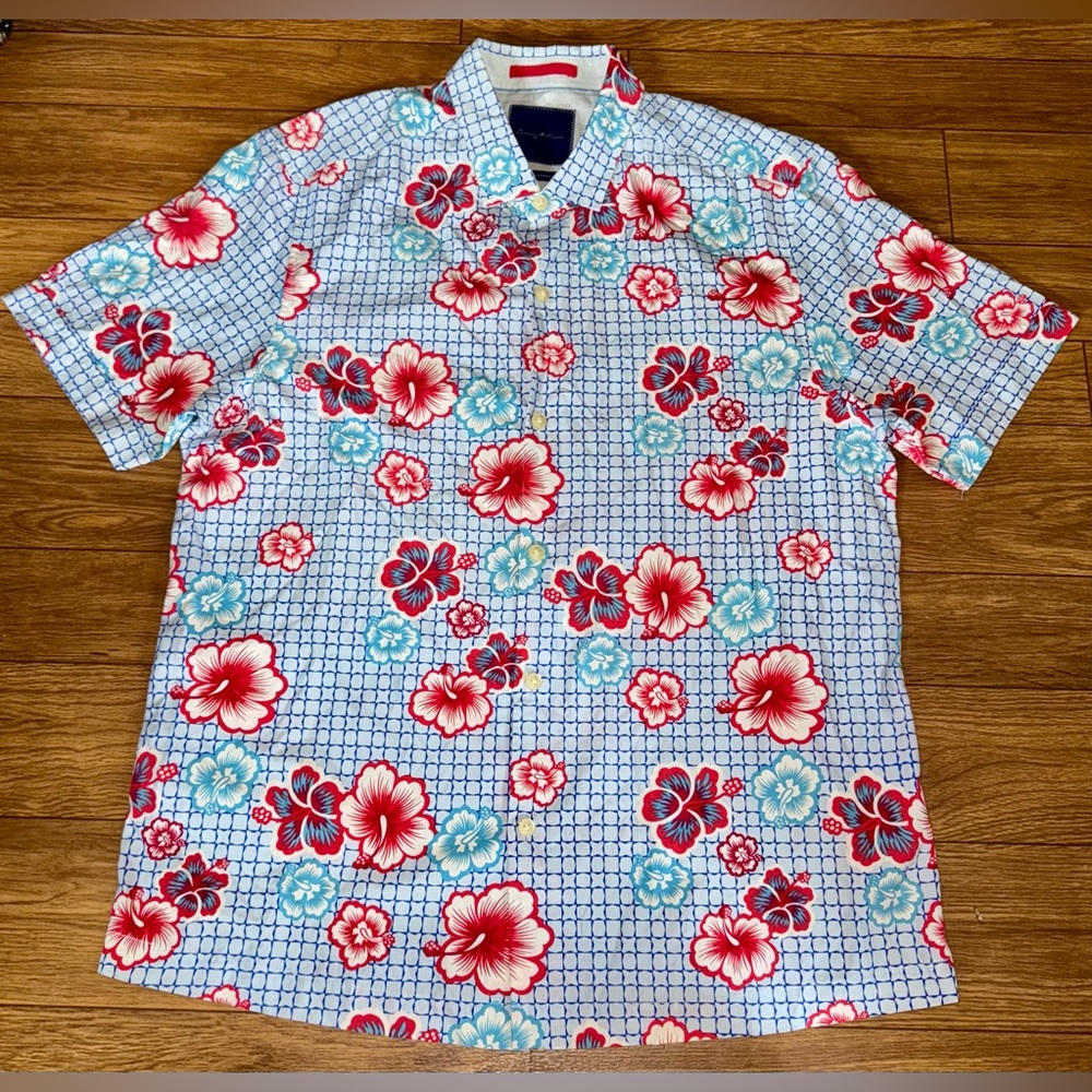 Tommy Bahama Shirt Mens Large Blue Red Camp Floral Button Up Island Silk
